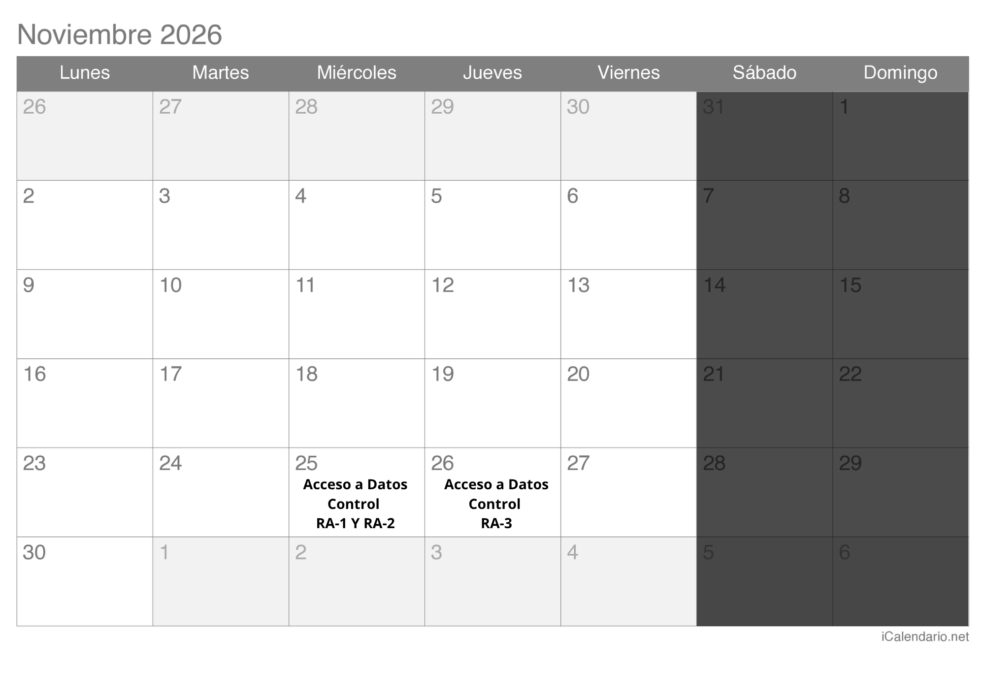 Calendario de exámenes mes 2